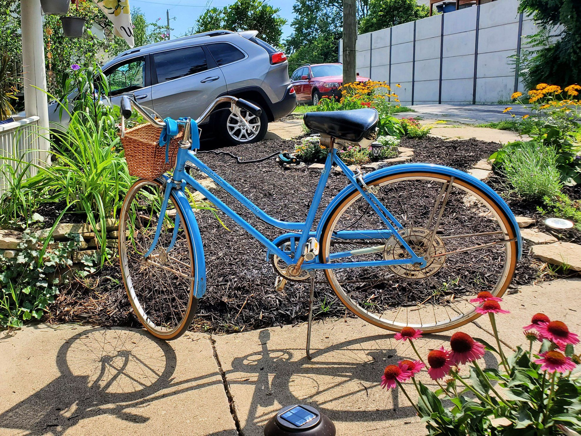 Blue vintage Schwinn Suburban bicycle in garden yard in Cincinnati