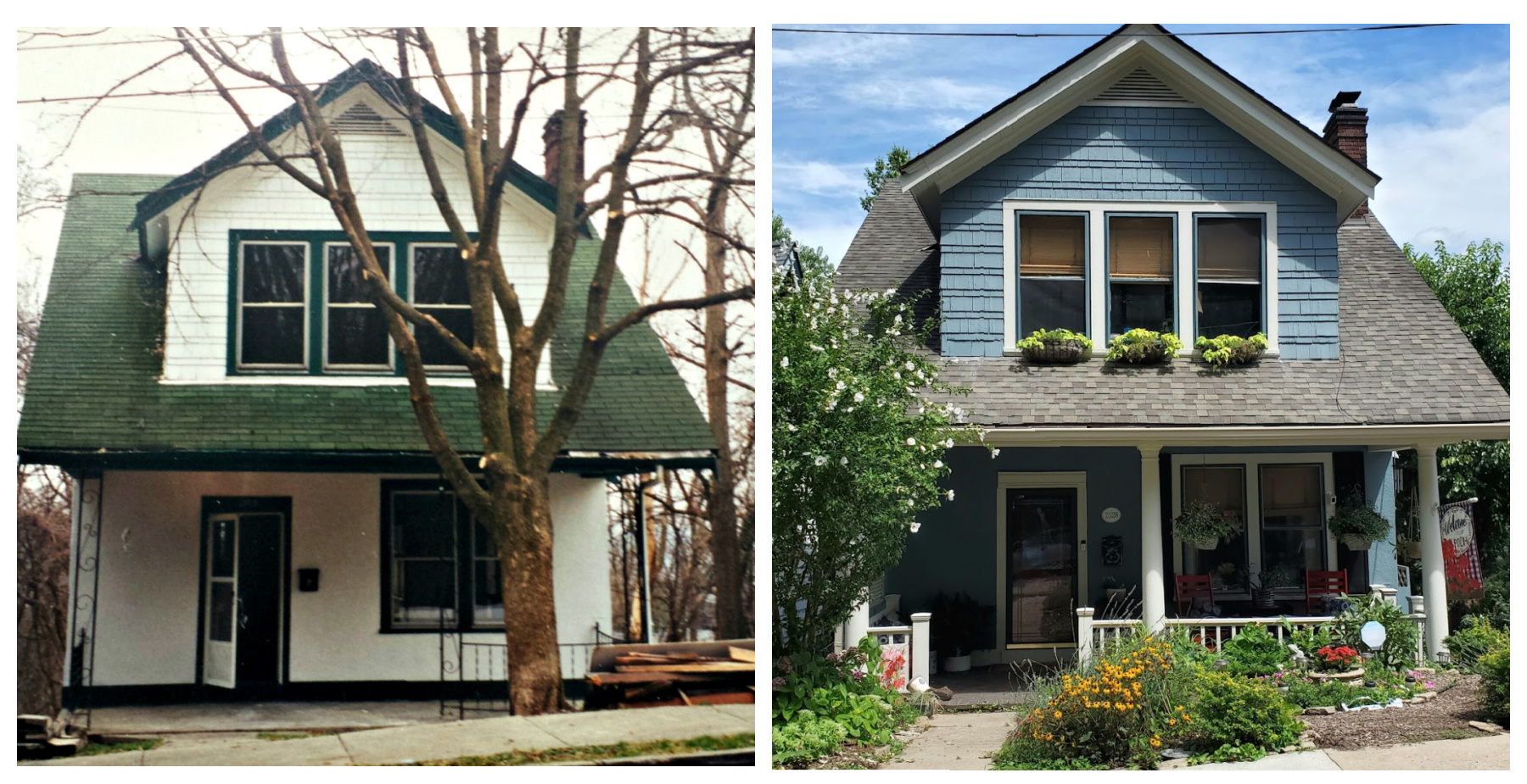 A before and after photo of a 1920s bungalow cottage renovation in Cincinnati, Ohio